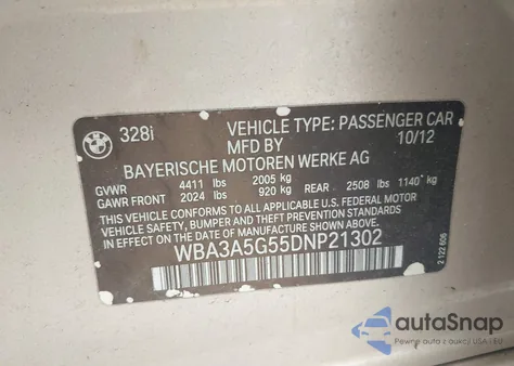 2013 BMW 328I z USA, uszkodzony, nr VIN WBA3A5G55DNP21302